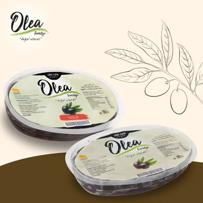 Two Olea olive packages presented with a minimalist olive branch sketch in the background.