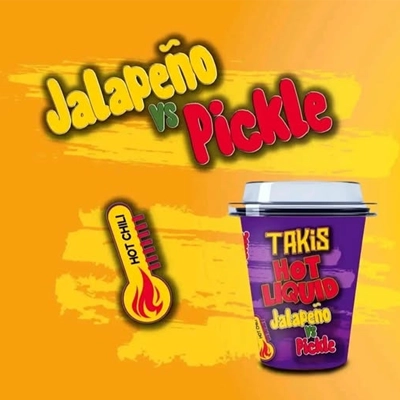 Image showcasing Takis Hot Liquid with Jalapeño vs Pickle flavor, featuring bold text and a chili heat indicator.