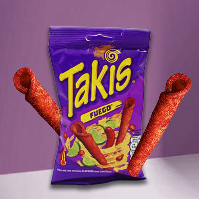 Bag of Takis Fuego with bold, spicy rolled tortilla chips coated in fiery red seasoning.
