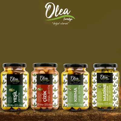 Four varieties of Olea green olives jars displayed with vibrant labels and a stylish background.