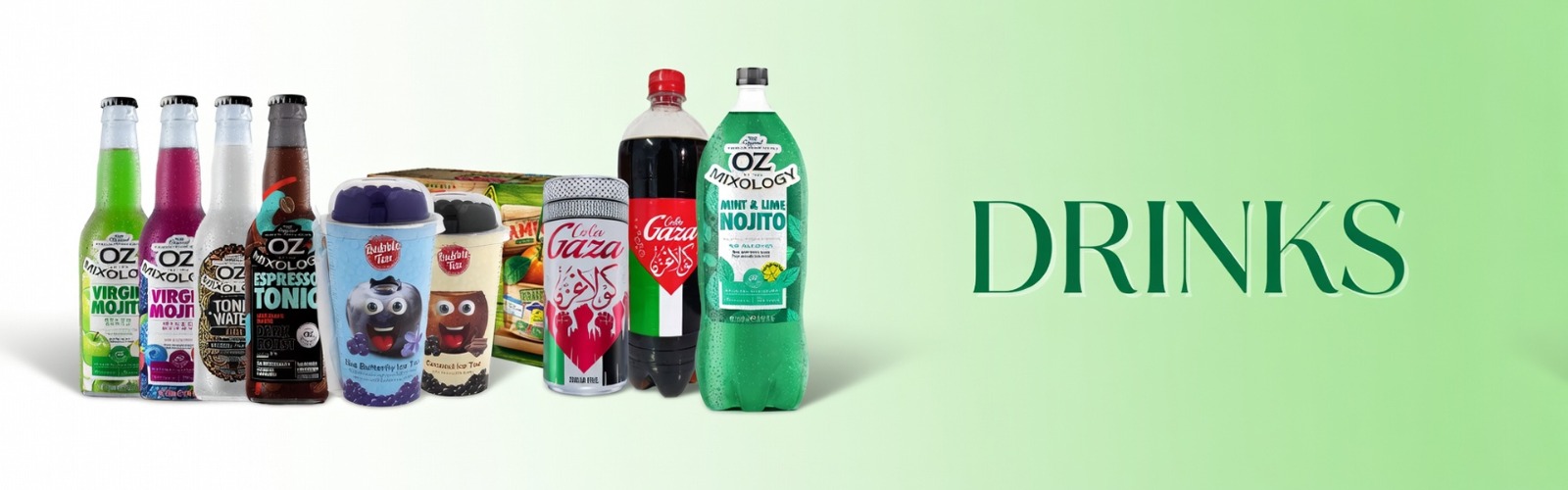 Assortment of Fresh beverage cans featuring Blueberry Ice, Black Gazoz, and Fresh Mojito flavors with vibrant fruit graphics on a wooden table.