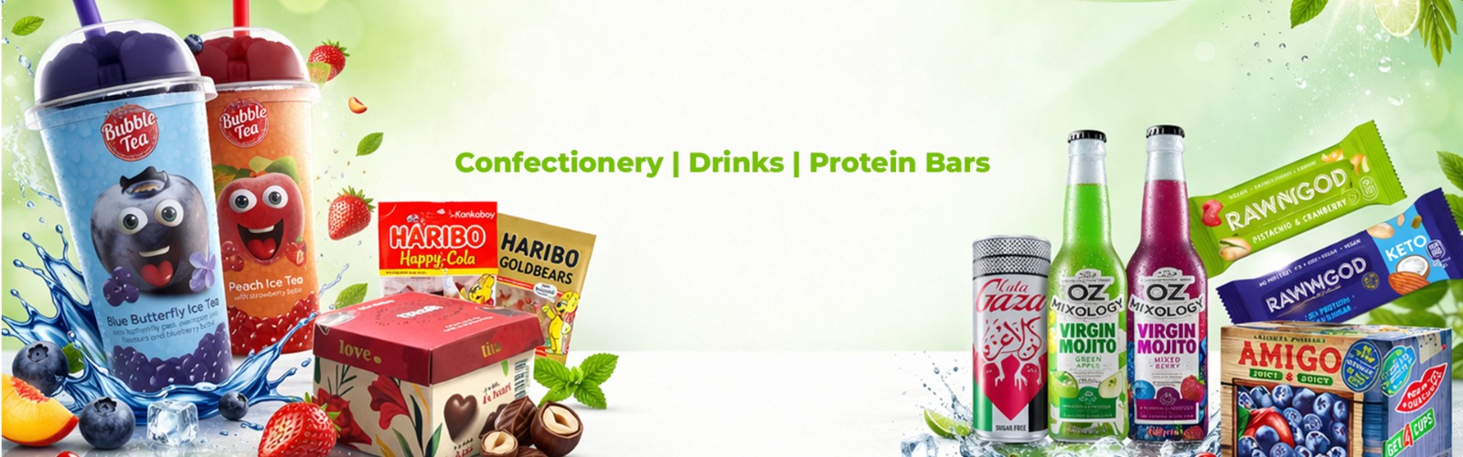 Assorted beverages, bubble tea, chocolates, and snacks including Fresh drinks, Bobalicious, Popping Bobby, Dubai Chocolate, Mardinni, Skittles, and Snickers.